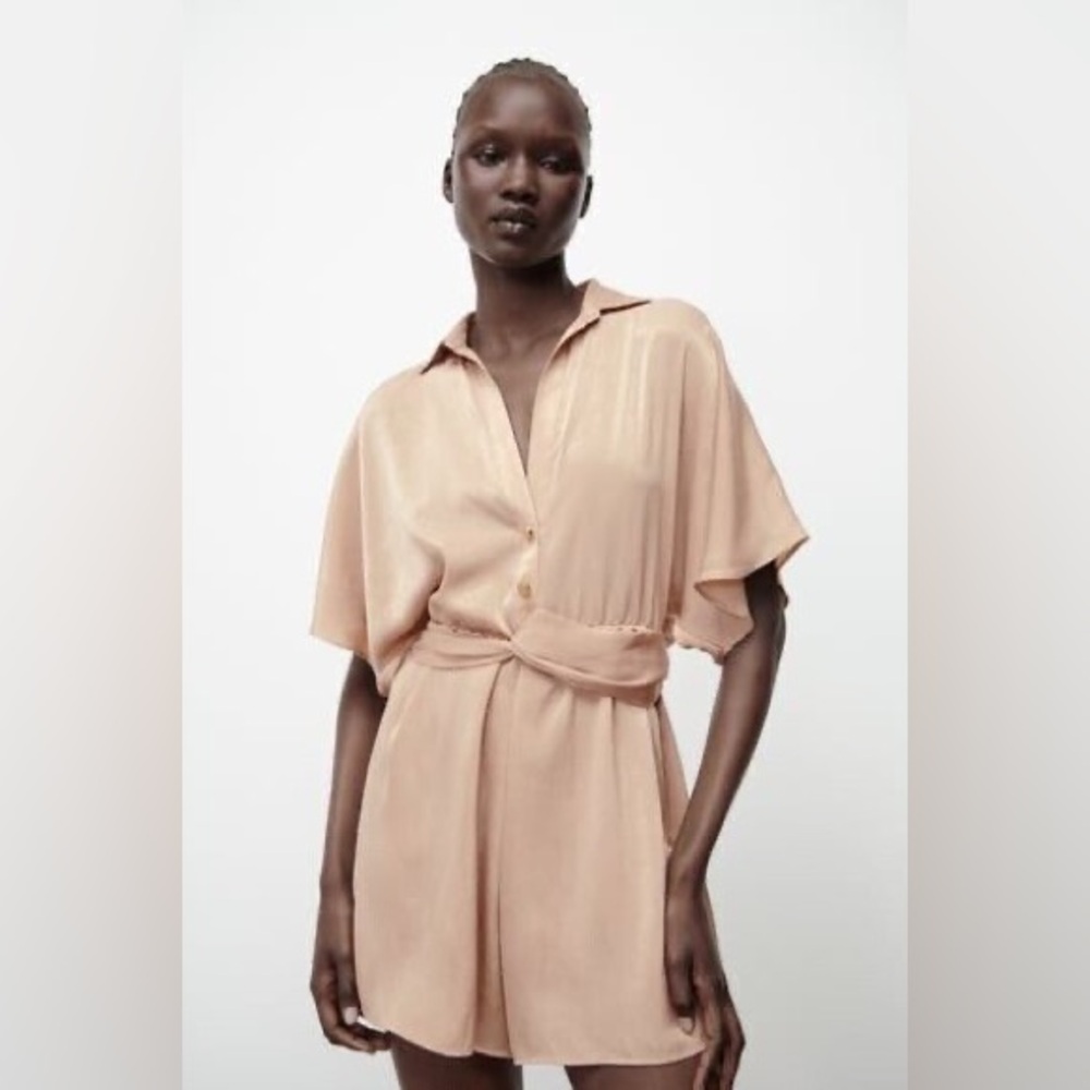 ZARA Taupe Brown Satin Effect Knot Jumpsuit